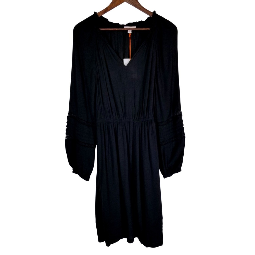 Knox Rose Womens Black Long Sleeve Boho Mini Dress Lace Pintuck Elastic Waist M - Picture 2 of 14